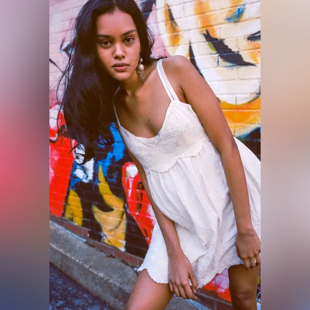 Urban Outfitters Cream Embroidered Babydoll Dress